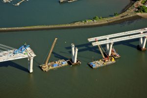 60mx22mx4m construction barge at forth bridge with crawler crane