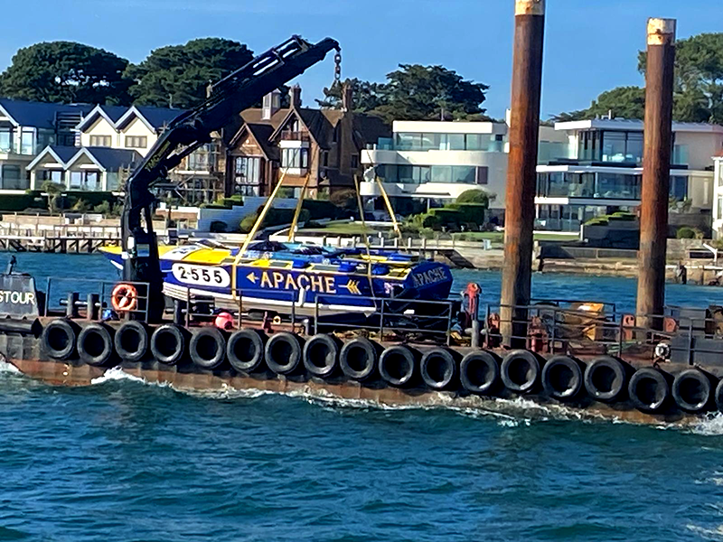 Apache safely recovered onto Stour's large deck
